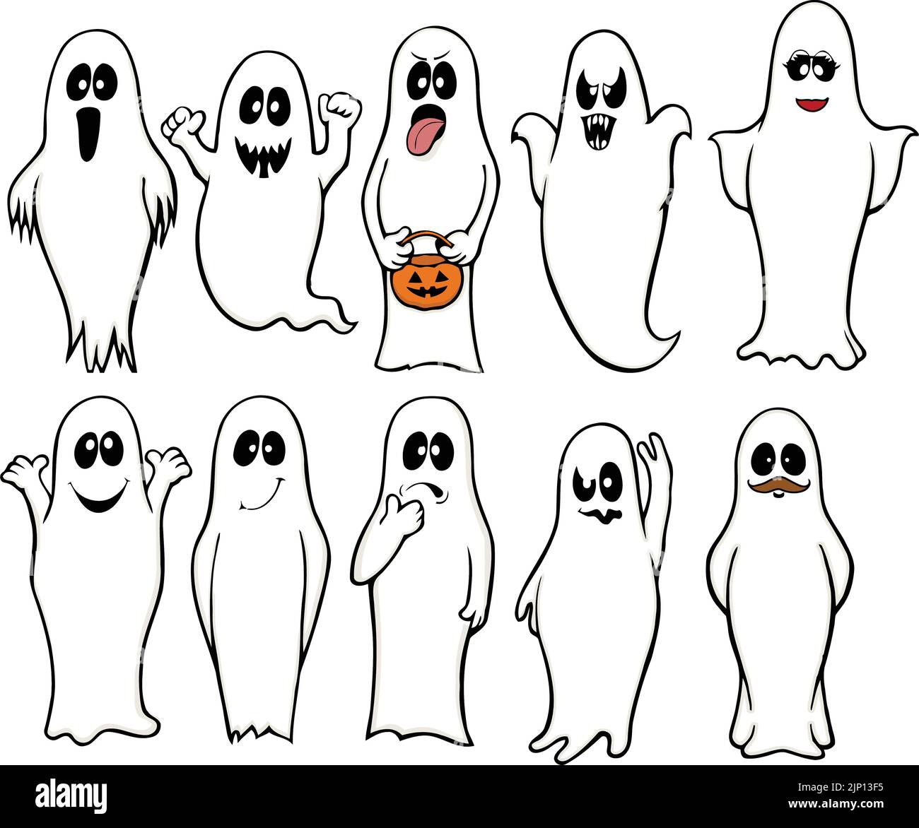 fantasmi divertenti del cartone animato che fanno il vario volto divertente Illustrazione Vettoriale