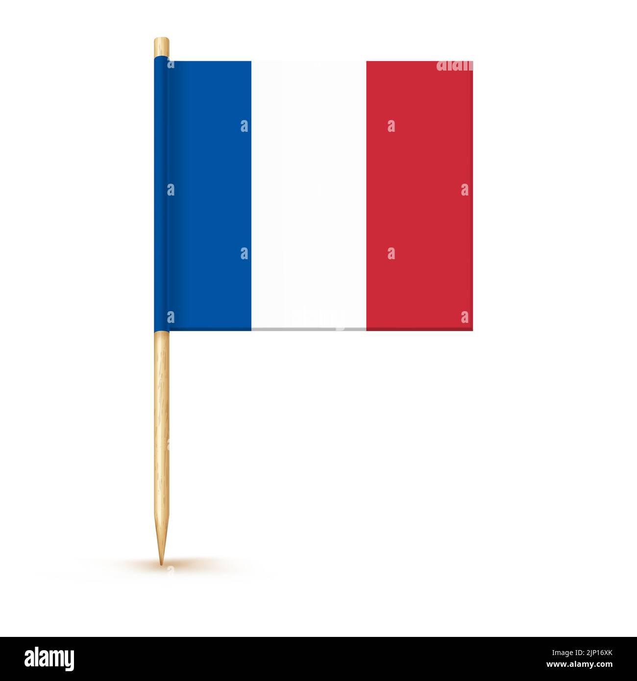 Bandiera francese stuzzicadenti isolata su bastone di legno con carta bianca. Piccola scelta di denti realistica per il pranzo. Decorazioni per cocktail vettoriali Illustrazione Vettoriale