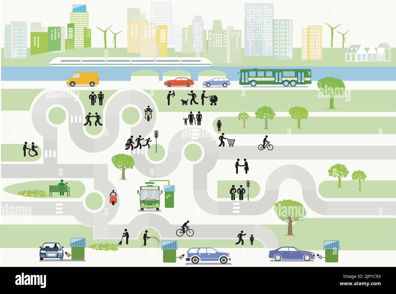 Paesaggio urbano con fonti di energia alternative – Mappa della città, illustrazione Illustrazione Vettoriale
