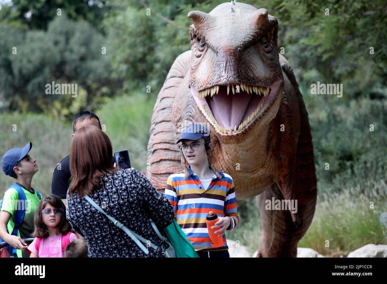 Gerusalemme. 14th ago, 2022. La gente visita una mostra di dinosauri modello in un giardino botanico a Gerusalemme, 14 agosto 2022. Credit: Gil Cohen Magen/Xinhua/Alamy Live News Foto Stock