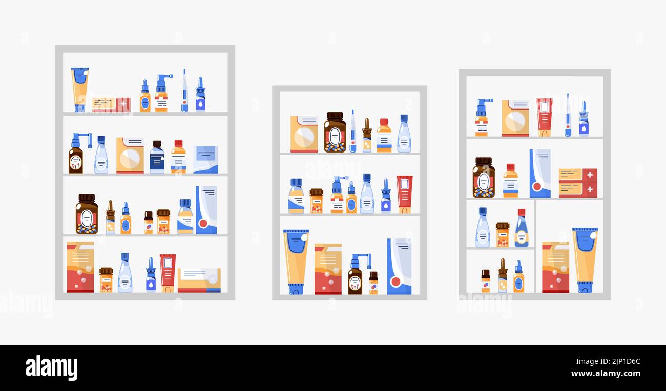 Diversi farmaci, farmaci prodotti in farmacia negozio su vari scaffali Illustrazione Vettoriale