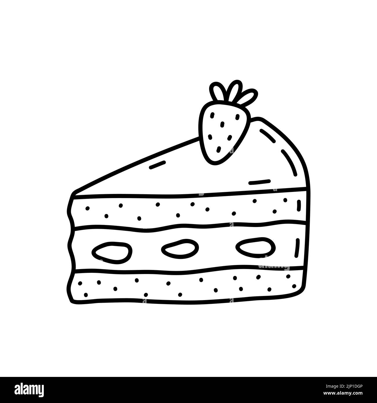Pezzo di torta con fragola isolata su fondo bianco. Dessert carino, cibo dolce. Disegno vettoriale a mano in stile doodle. Perfetto per vari disegni, schede, decorazioni, logo, menu. Illustrazione Vettoriale