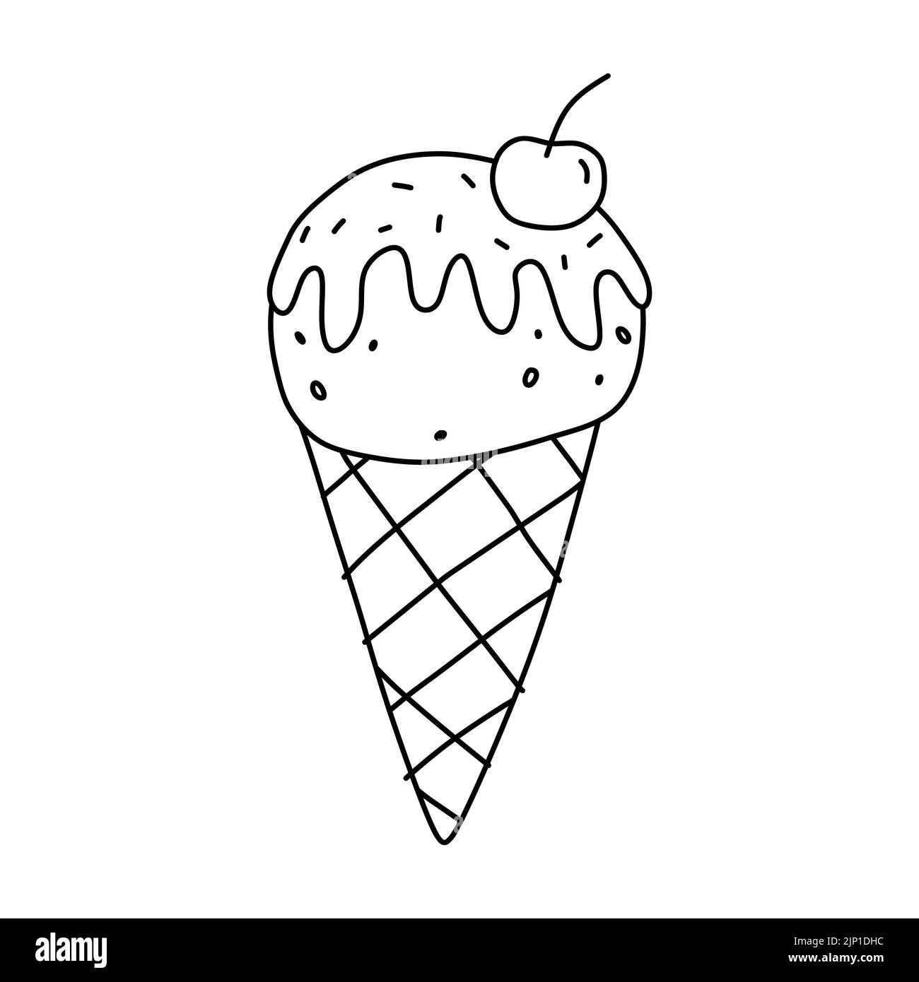 Grazioso cono gelato con ciliegia isolata su sfondo bianco. Cibo dolce. Disegno vettoriale a mano in stile doodle. Perfetto per vari disegni, schede, decorazioni, logo, menu. Illustrazione Vettoriale Grazioso cono gelato con ciliegia isolata su sfondo bianco. Cibo dolce. Disegno vettoriale a mano in stile doodle. Perfetto per vari disegni, schede, decorazioni, logo, menu. Illustrazione Vettoriale