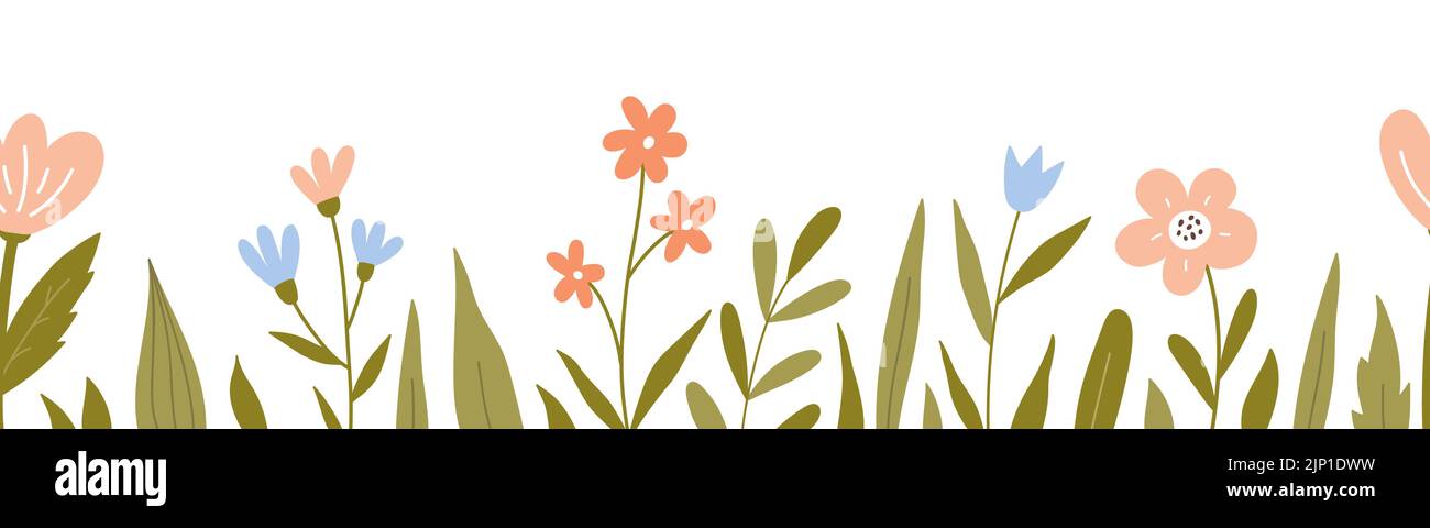 Bordo orizzontale senza giunture con fiori e foglie carini. Sfondo botanico. Perfetto per decorazioni, biglietti d'auguri, disegni di striscioni. Illustrazione vettoriale in stile piatto disegnato a mano. Illustrazione Vettoriale Bordo orizzontale senza giunture con fiori e foglie carini. Sfondo botanico. Perfetto per decorazioni, biglietti d'auguri, disegni di striscioni. Illustrazione vettoriale in stile piatto disegnato a mano. Illustrazione Vettoriale