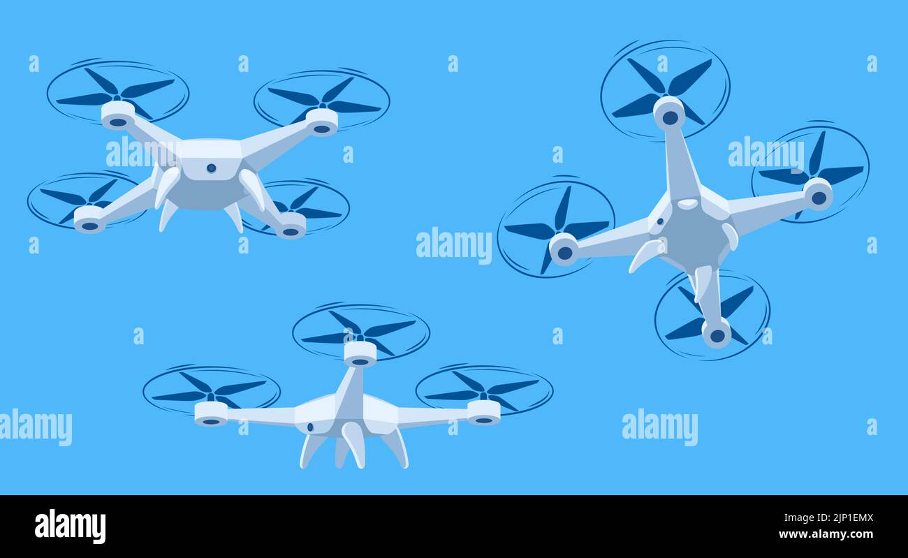Drone volante con sfondo cielo blu, illustrazione vettoriale. Droni di cartoni animati che volano in diverse angolazioni. Illustrazione Vettoriale