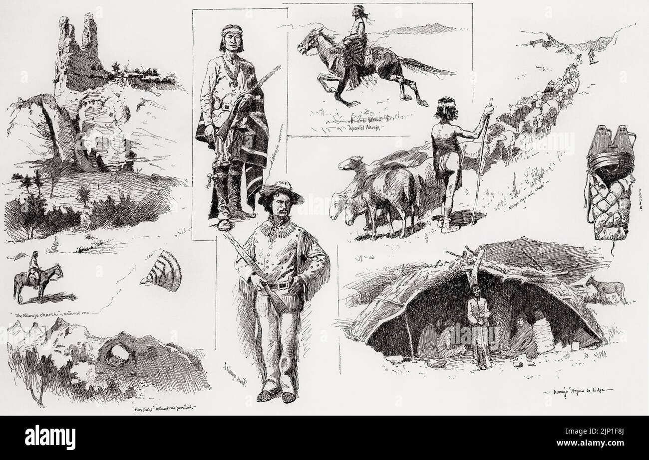 Gli indiani Navajo. Dopo un'opera dell'artista americano Frederic Sackrider Remington, 1861 – 1909. Un montaggio di schizzi che riflettono la società Navajo. Foto Stock