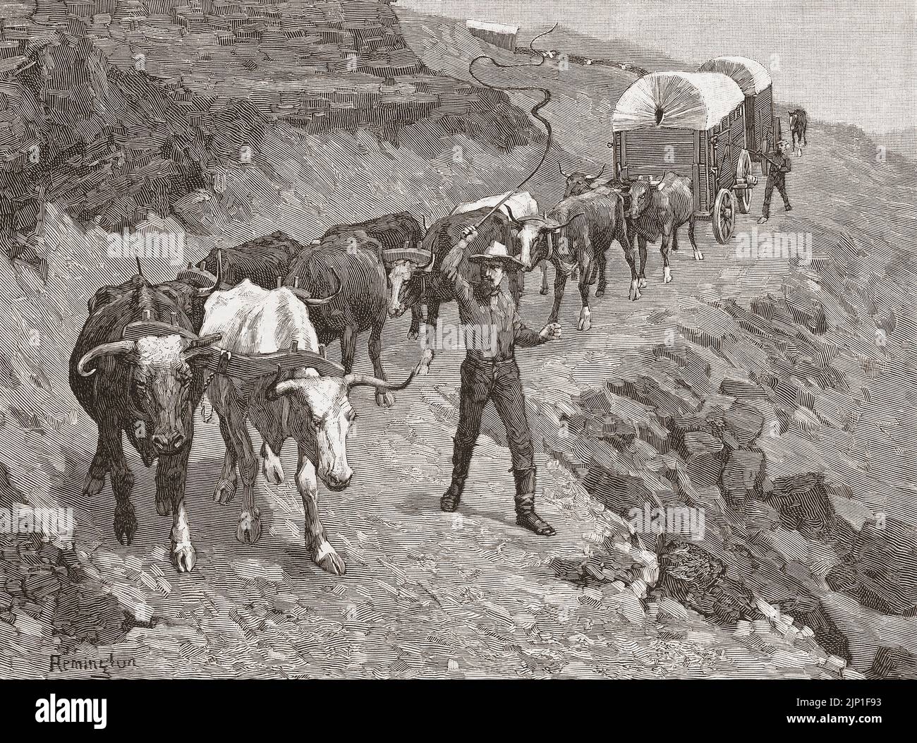 Un treno Ox in montagna. Dopo un'opera dell'artista americano Frederic Sackrider Remington, 1861 – 1909. Foto Stock