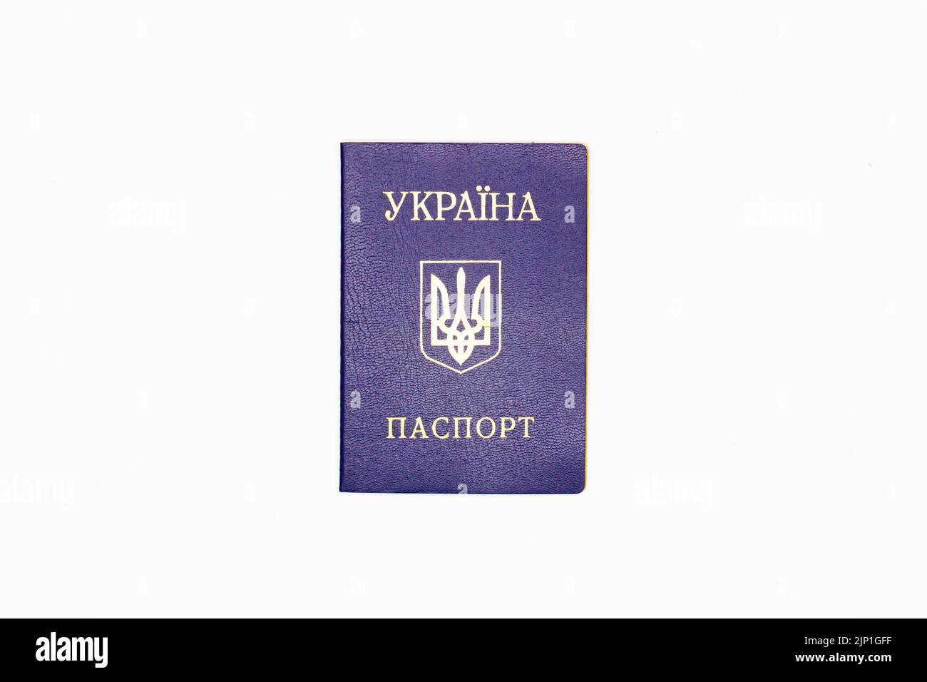 Passaporto dell'Ucraina. La copertina del documento di Stato del passaporto interno ucraino con lo stemma dell'Ucraina in blu su sfondo bianco Foto Stock