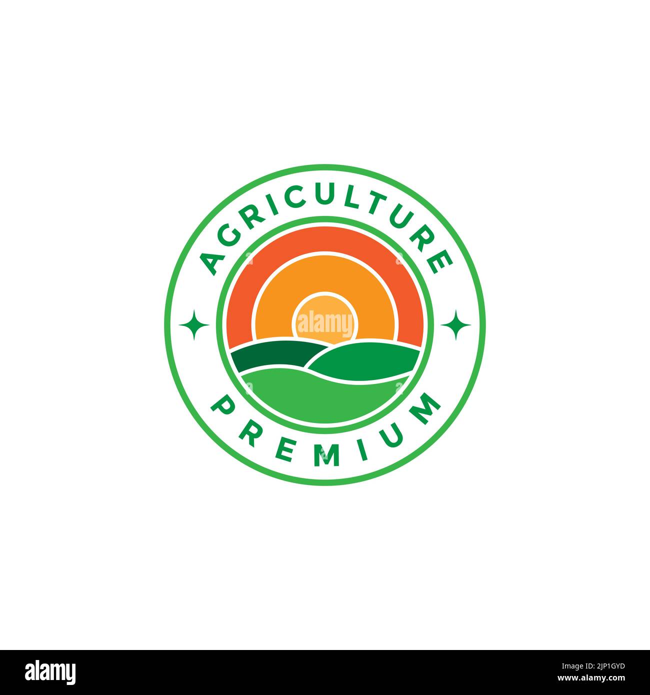 distintivo colorato con campo agricolo e logo tramonto Illustrazione Vettoriale