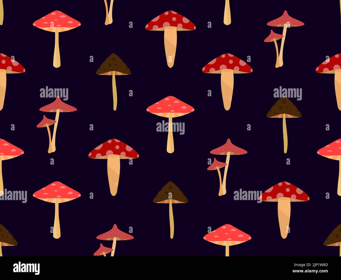 Motivo senza cuciture con funghi su sfondo nero. Funghi vari, commestibili e toadstools. Agarico della mosca allucinogena. Design per striscioni e promo Illustrazione Vettoriale