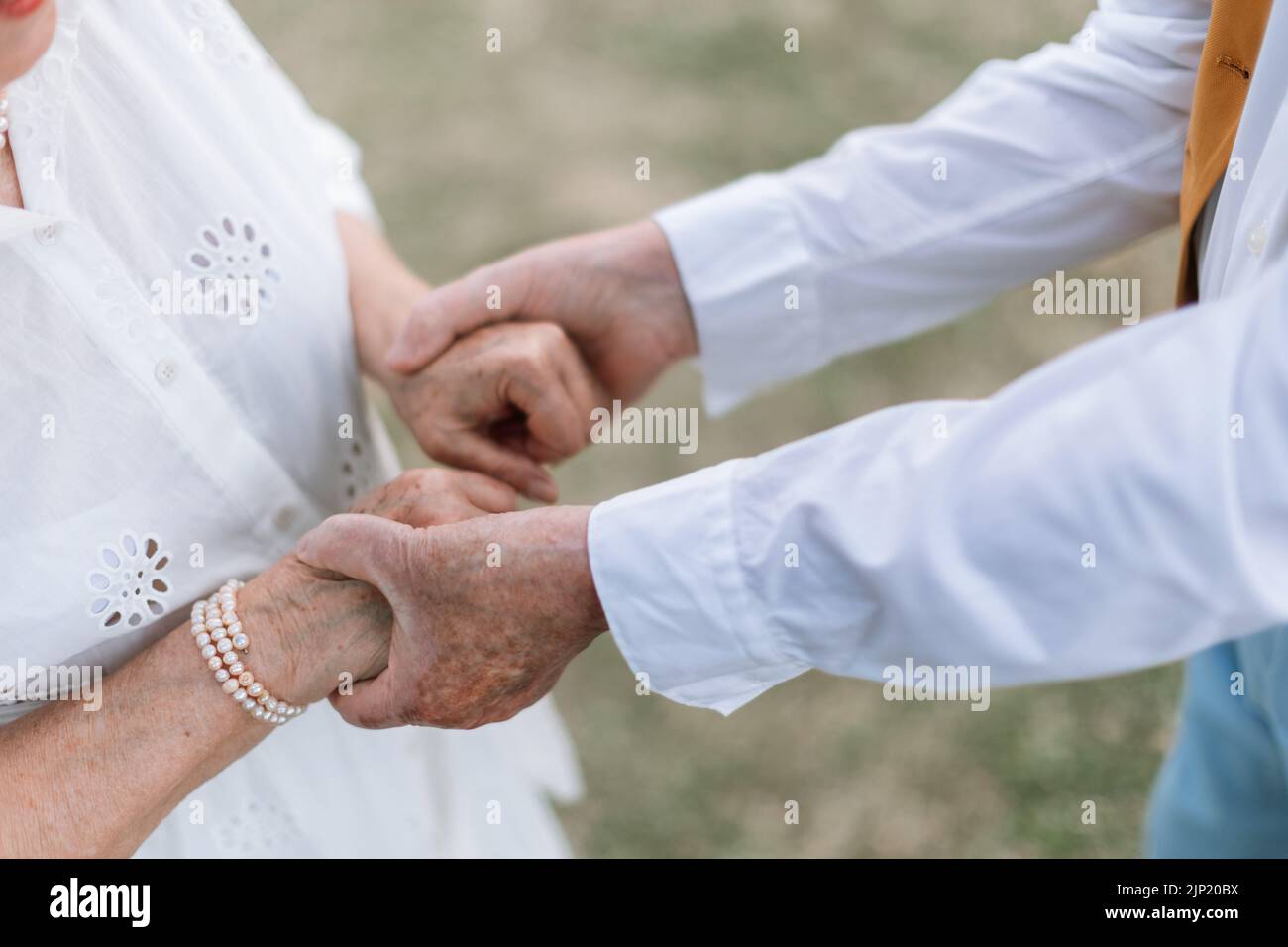 Primo piano delle mani degli anziani durante il matrimonio in un giardino. Foto Stock