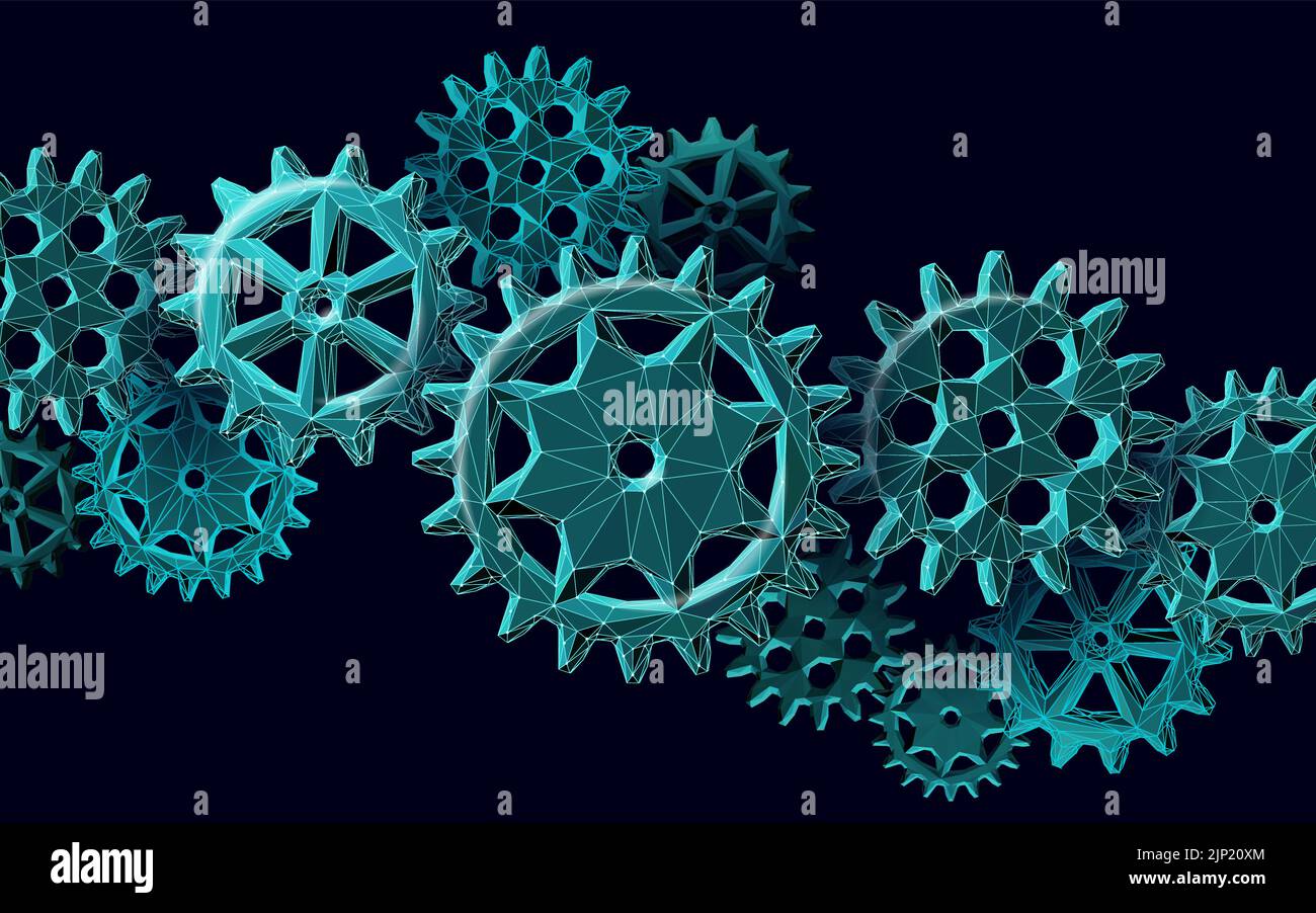 3D Gears Work Progress Concept. Lavoro di squadra per l'ingegneria dei meccanismi dell'industria delle ruote. Analisi dei dati del motore aziendale COG. Vettore di coaching problema creativo Illustrazione Vettoriale