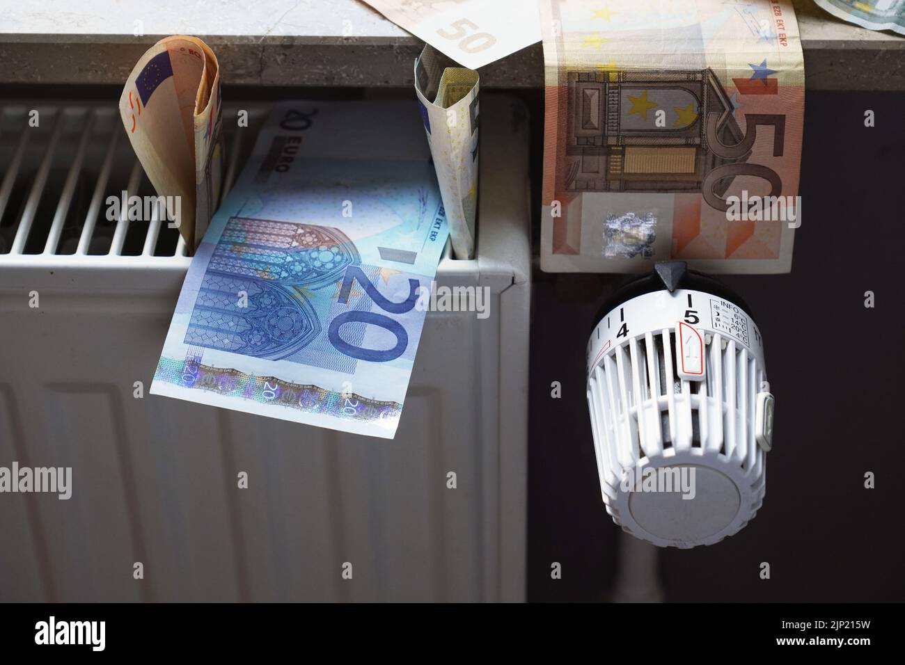 banconote in euro su radiatore come concetto per l'aumento dei costi di riscaldamento e la crisi dei prezzi del gas Foto Stock