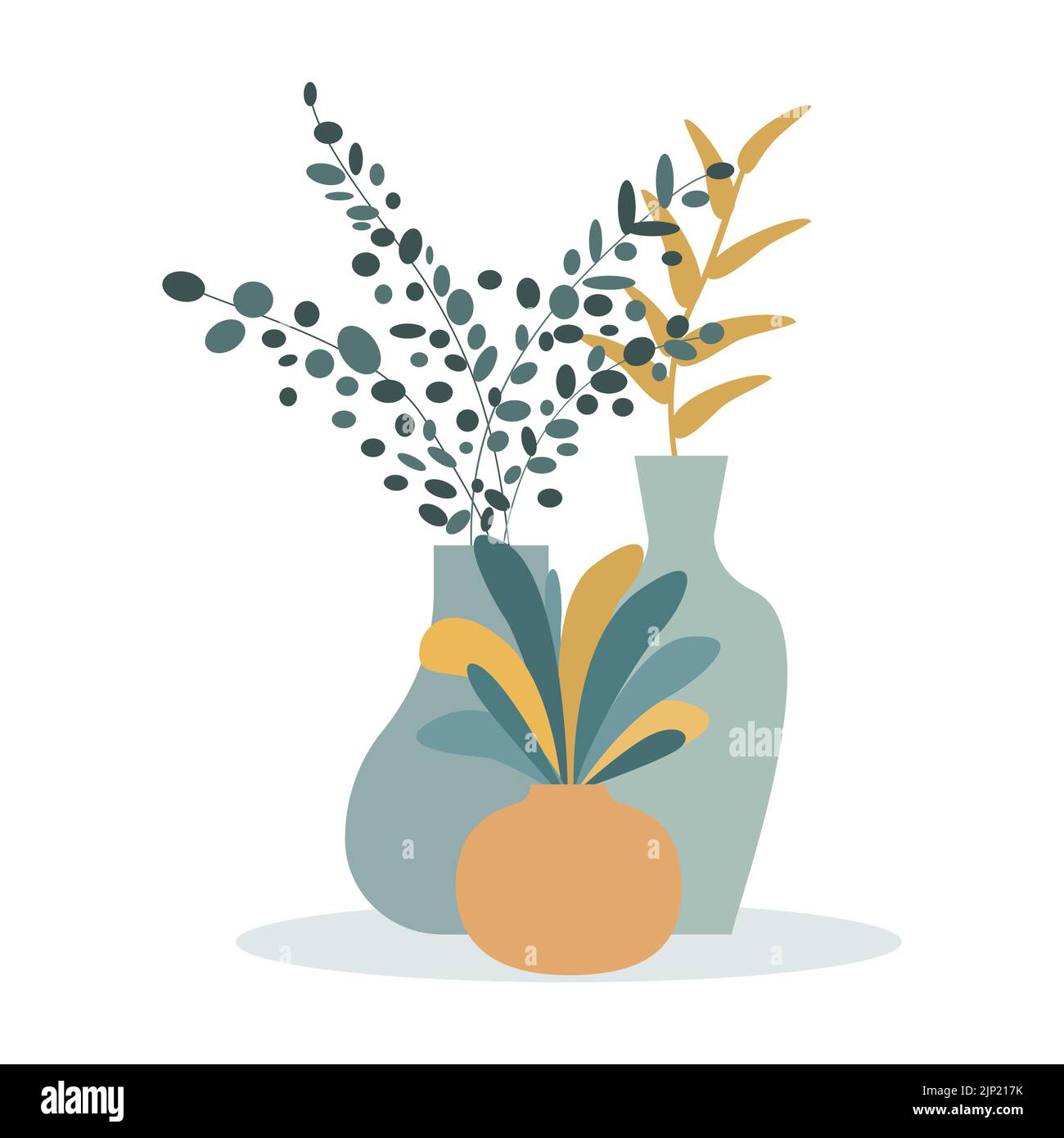 Vasi di ceramica con piante della casa. Piante della casa in pentole. Illustrazione vettoriale disegnata a mano. Piante di casa alla moda in stile piatto. Sfondo bianco. Illustrazione Vettoriale