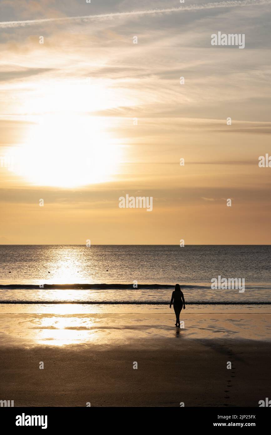 Una silhouette di una donna che cammina su una spiaggia nera durante un tranquillo tramonto giallo in Islanda Foto Stock