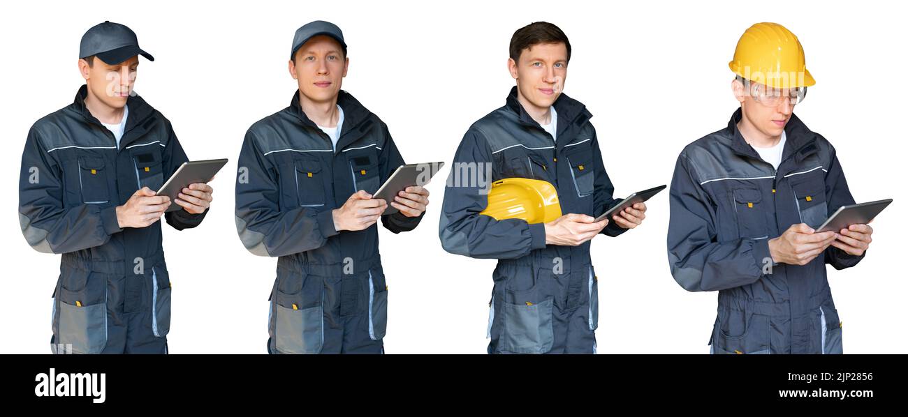 Set di uomini con un tablet digitale. Addetto alla manutenzione, lavoratore, ingegnere. Isolato su bianco. Foto Stock