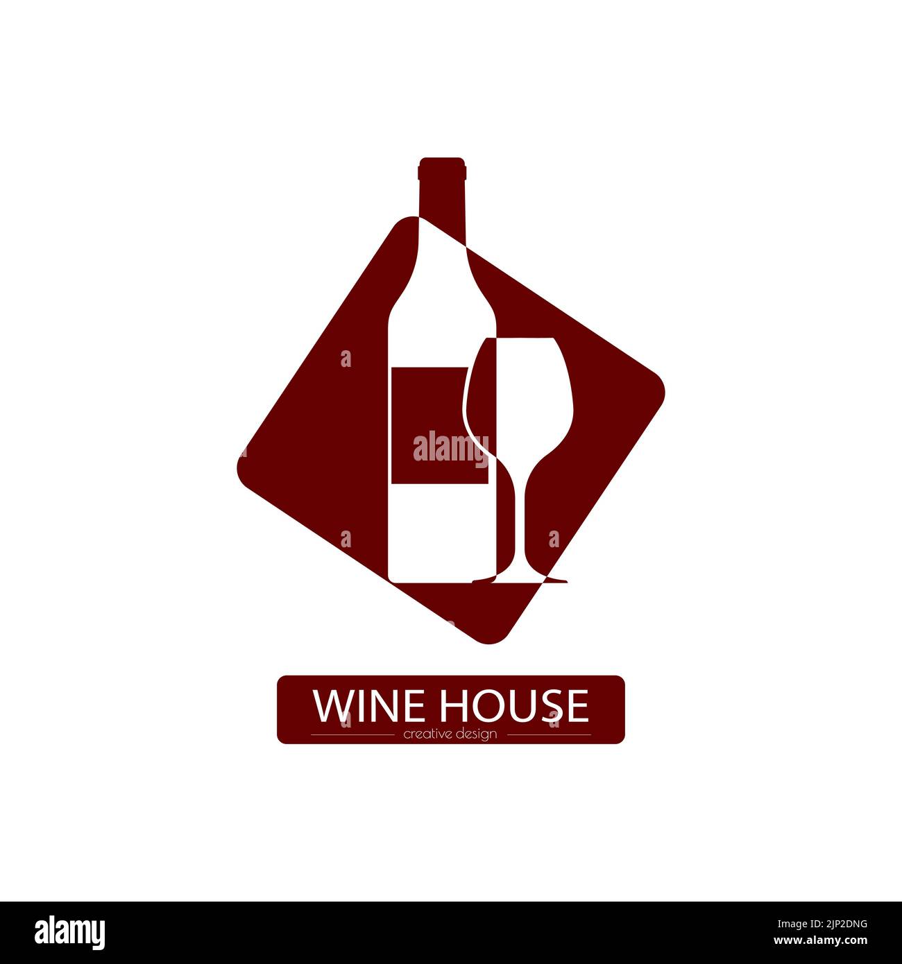 Casa del vino. Modello di illustrazione con una bottiglia di vino e un bicchiere in un quadrato per logo, adesivo, marchio o etichetta. Icona per siti Web e applicazioni Illustrazione Vettoriale