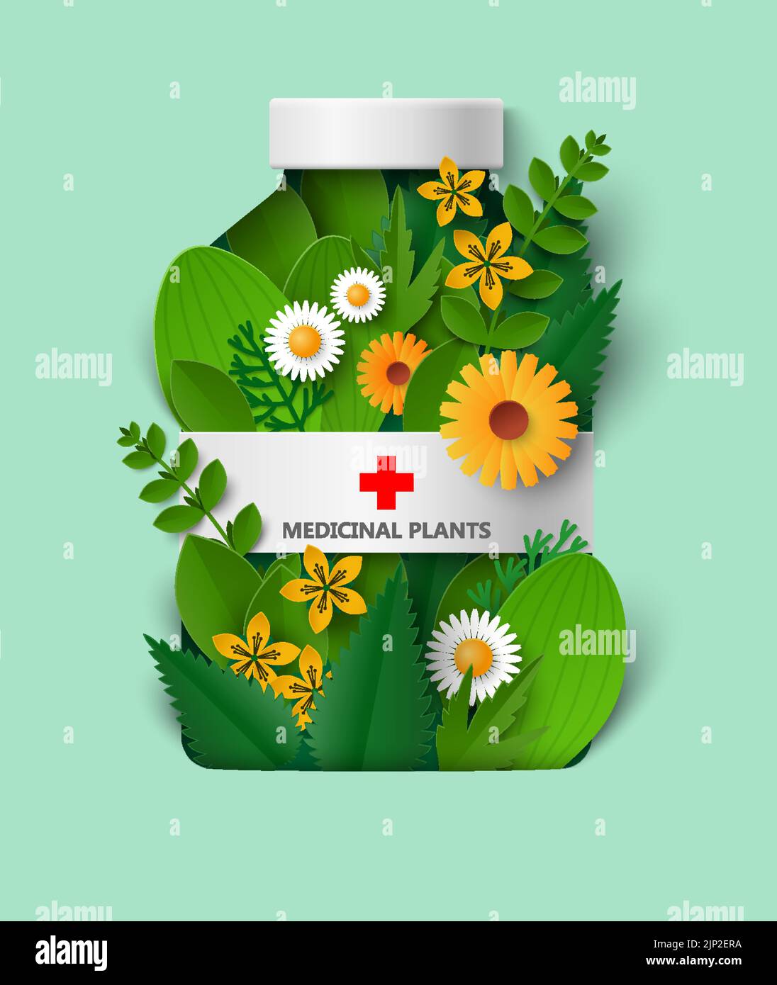 Pillole di erbe, medicina alternativa papercut vettore Illustrazione Vettoriale