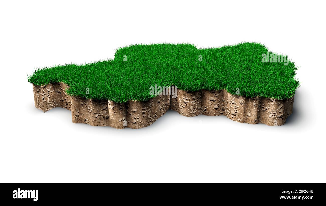 Un'illustrazione del 3D della mappa del Ruanda con erba verde isolata su sfondo bianco Foto Stock