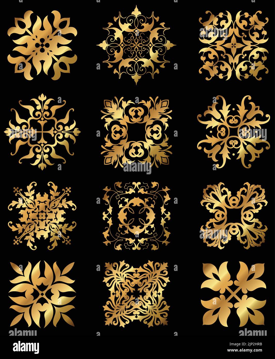 Un set di ornamenti decorativi floreali vintage in oro vettoriale e icone. Illustrazione Vettoriale
