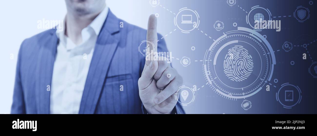 Scansione con le dita toccare password accesso chiave sicurezza tecnologia informatica dati concetto ampio per lo sfondo banner. Foto Stock