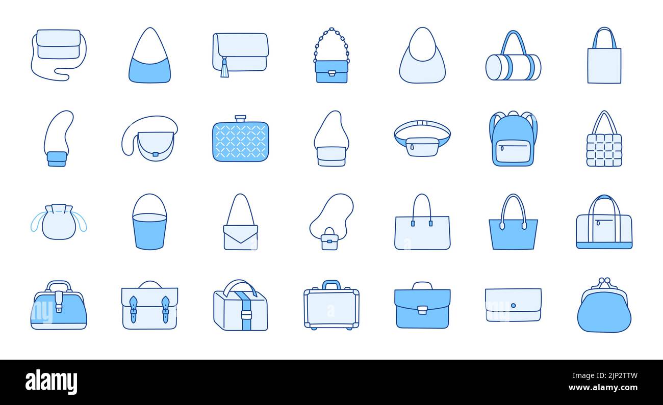 Donna borse illustrazione comprese le icone - borsa, borsa, pochette moda, borsa affari, zaino, valigia in pelle, shopper. Sottile arte di linea circa Illustrazione Vettoriale