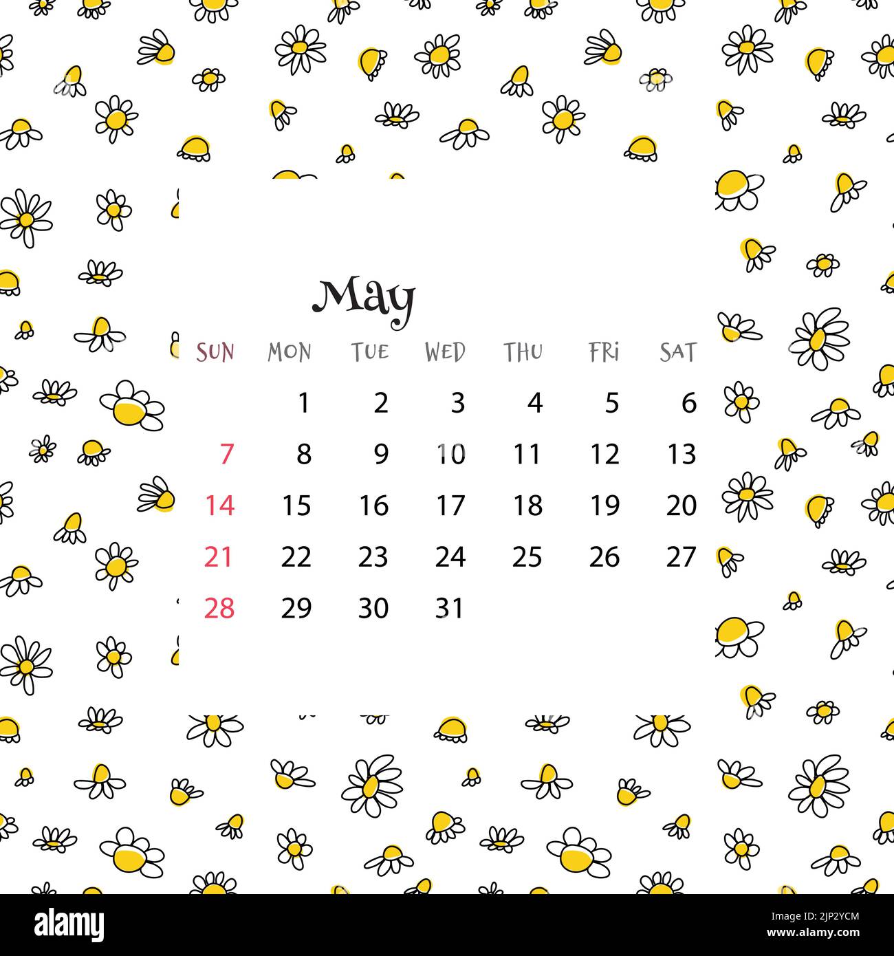 2023 Calendario di maggio. Illustrazione vettoriale del calendario mensile su un modello senza giunture con daisies doodle in stile cartoon flat. Sfondo colorato con Illustrazione Vettoriale