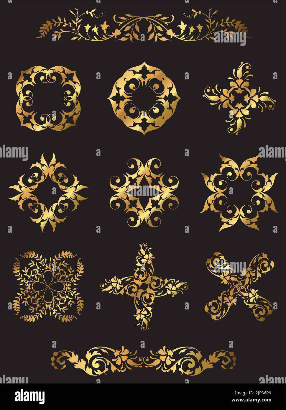 Un set di icone floreali decorative in oro vettoriale d'epoca. Illustrazione Vettoriale