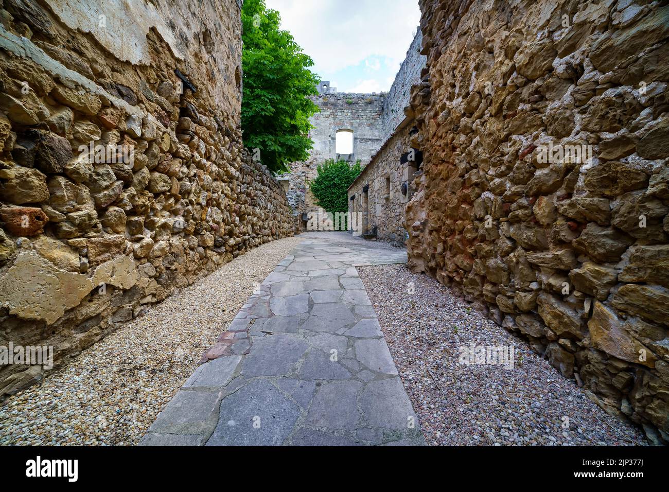 Castello di Pedraza a Segovia. Antico palazzo medievale di cavalieri in pietra. Fortezza con strade interne in pietra, piante verdi, archi e gallerie. Spagna Foto Stock