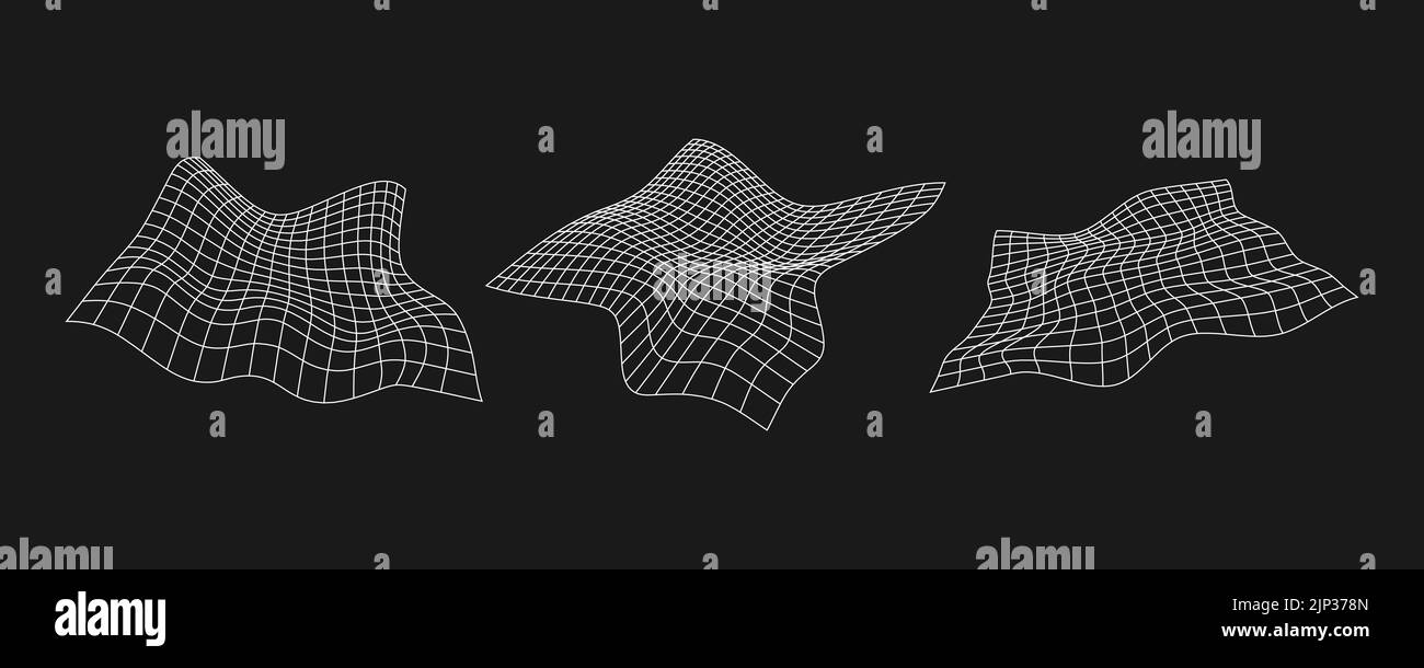 Set di griglie cyber distorte, elementi di design retro punk. Mesh della geometria dell'onda a reticolo su sfondo nero. Illustrazione vettoriale. Illustrazione Vettoriale