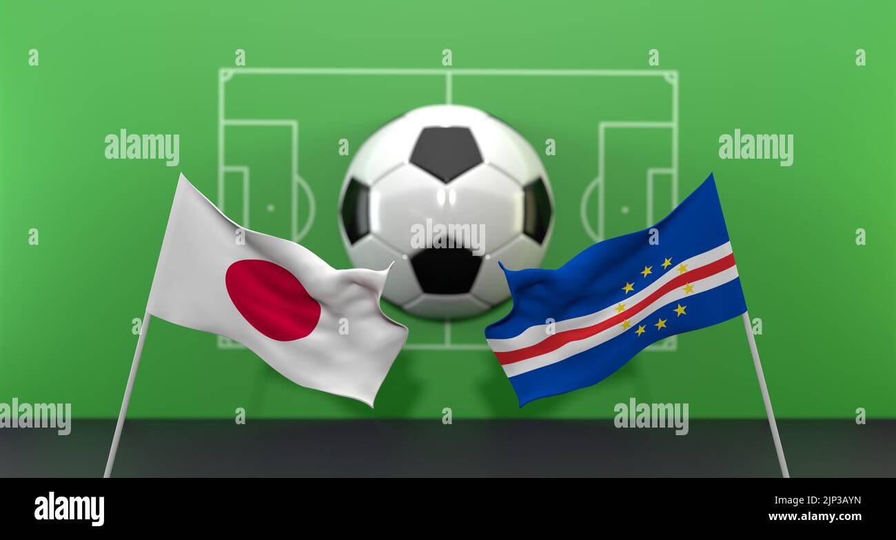 Partita di calcio Giappone vs Costa Rica Coppa del mondo FIFA Qatar 2022, su sfondo sfocato con campo da calcio, 3D lavoro e 3D immagine Foto Stock