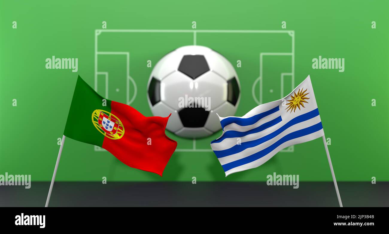 Partita di calcio Portogallo vs Uruguay Coppa del mondo FIFA Qatar 2022, su sfondo sfocato con campo da calcio, 3D lavoro e 3D immagine Foto Stock