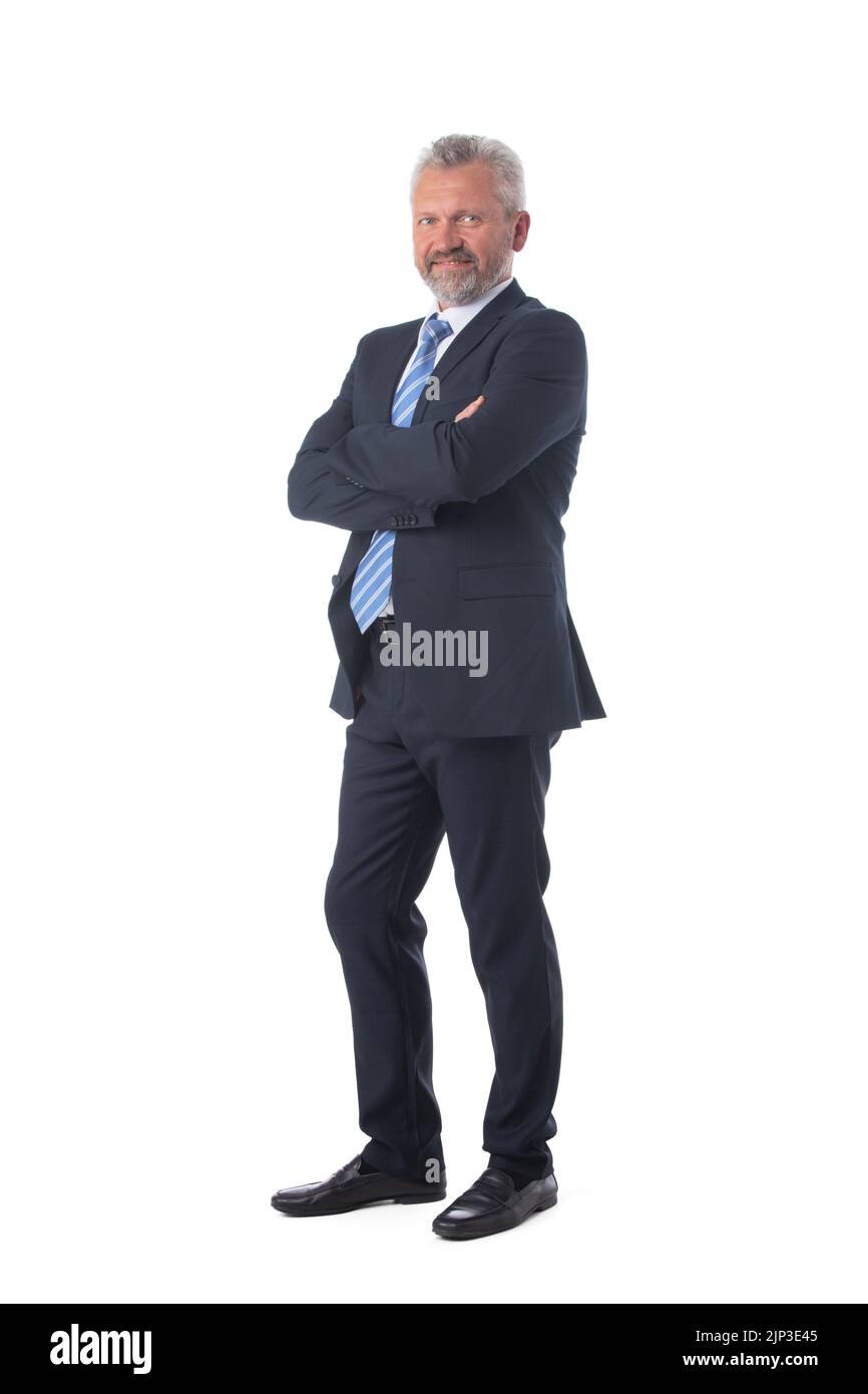 A piena lunghezza Ritratto di fiducioso imprenditore maturo in formali in piedi isolato su sfondo bianco Foto Stock