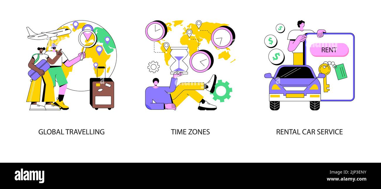 Turismo internazionale concetto astratto vettore illustrazione set. Viaggi globali, fusi orari, servizio di noleggio auto, agenzia di viaggi, catena di residence per le vacanze, jet lag, metafora astratta per la prenotazione di auto online. Illustrazione Vettoriale