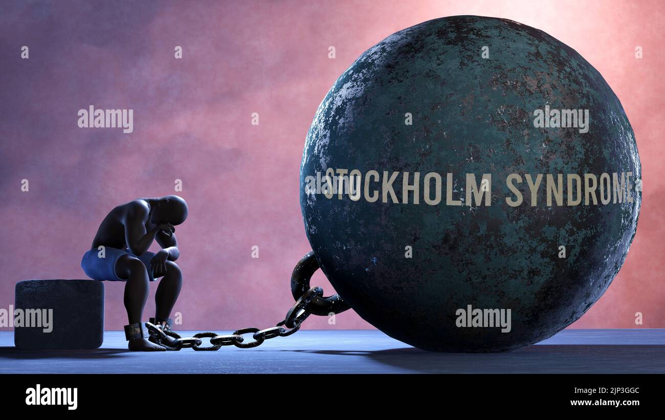 Sindrome di Stoccolma che limita la vita e fa soffrire, imprigionando in condizioni dolorose. È un peso che mantiene una persona schiavizzata nella miseria.,3D illus Foto Stock