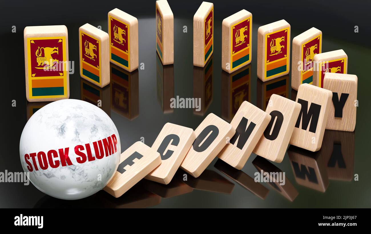 Sri Lanka e crisi delle azioni, effetto economia e domino - reazione a catena in Sri Lanka scatenata dalla crisi delle azioni che causa un crollo - blocchi economici e Sri LAN Foto Stock