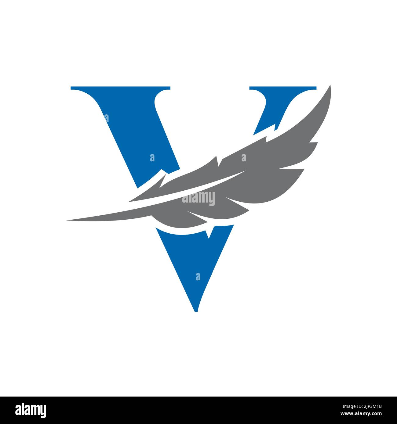 Modello vettoriale con logo in piuma lettera V. Simbolo Bird Feather logo legge Illustrazione Vettoriale