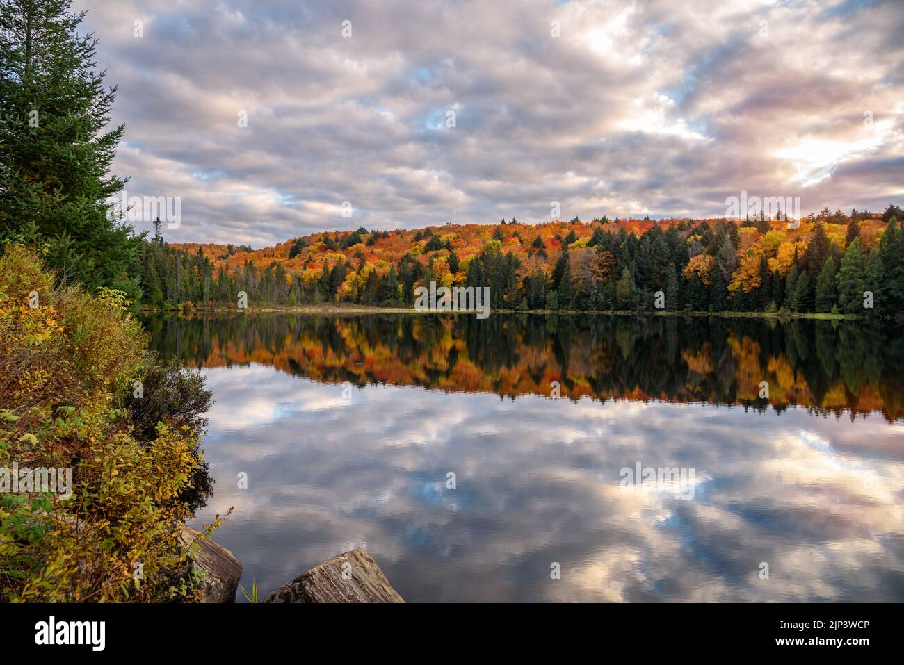 Spettacolare cielo al tramonto su un lago con le rive boscose al squalo del fogliame autunnale. Riflessione in acqua Foto Stock