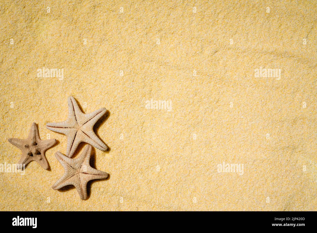 Concetto di vacanza e di tempo estivo con stelle marine e sabbia chiara e gialla. Mare e mare sfondo vacanza Foto Stock
