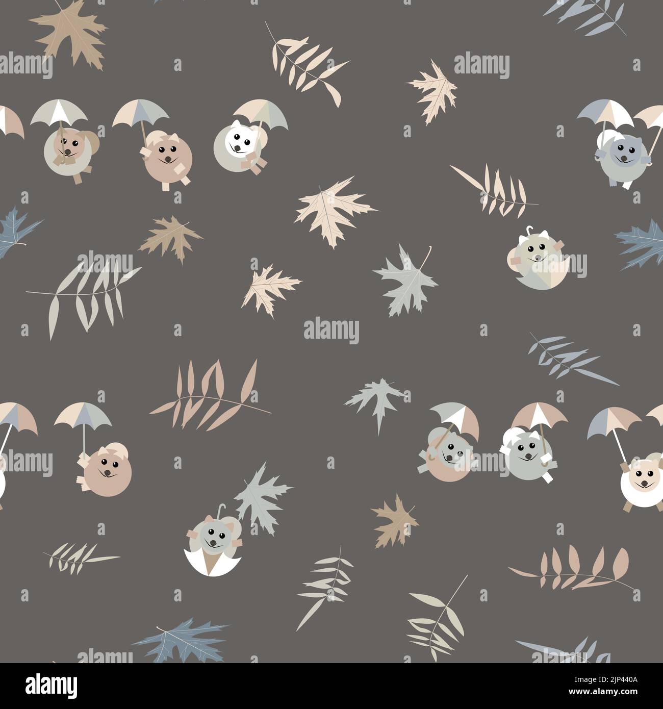 un modello senza uno sfondo di cuccioli pomerani che volano su ombrelli colorati Illustrazione Vettoriale