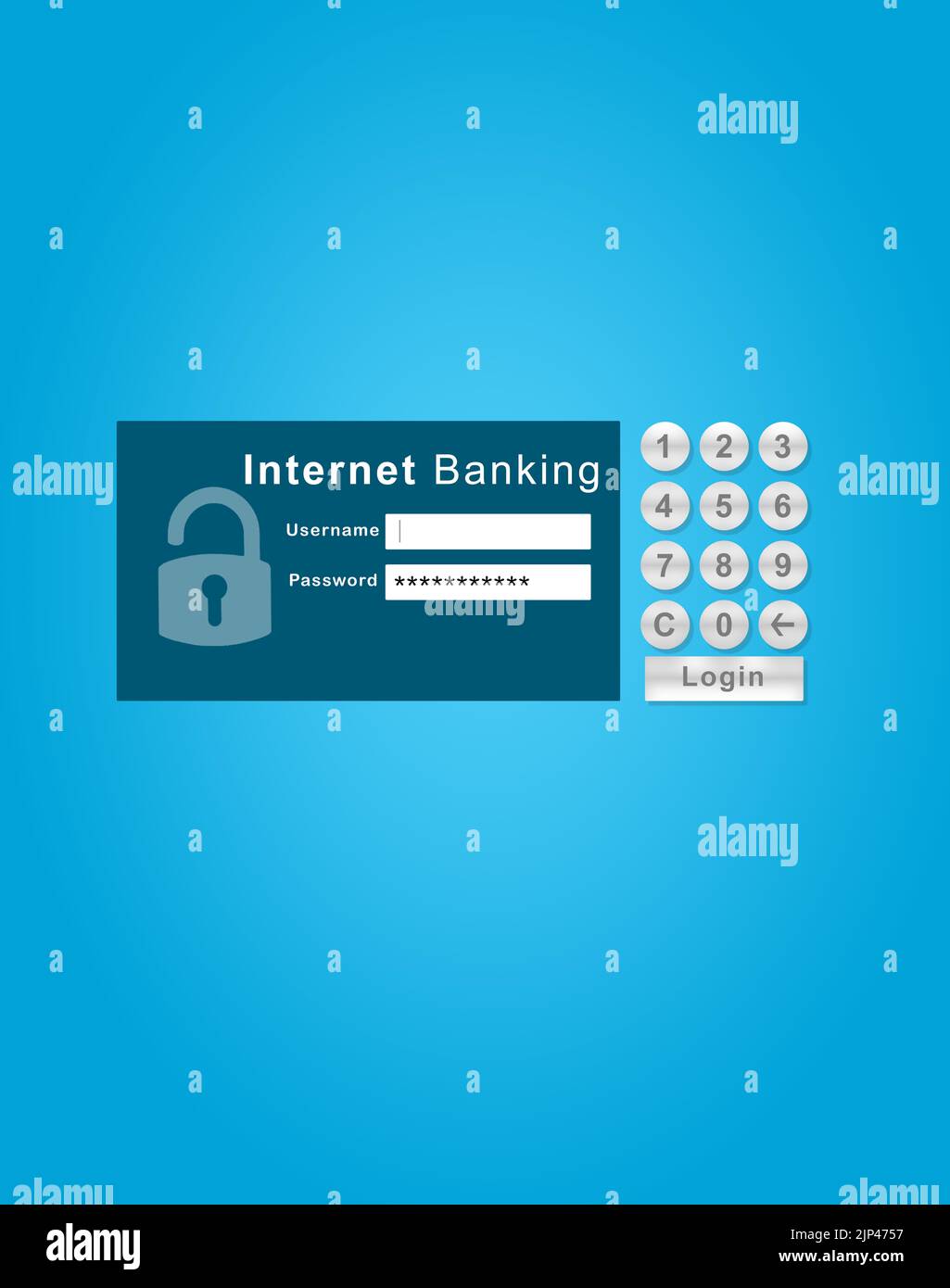 Paga i tuoi account su qualsiasi dispositivo wireless. La schermata di accesso di una pagina Web di Internet banking su sfondo blu. Foto Stock