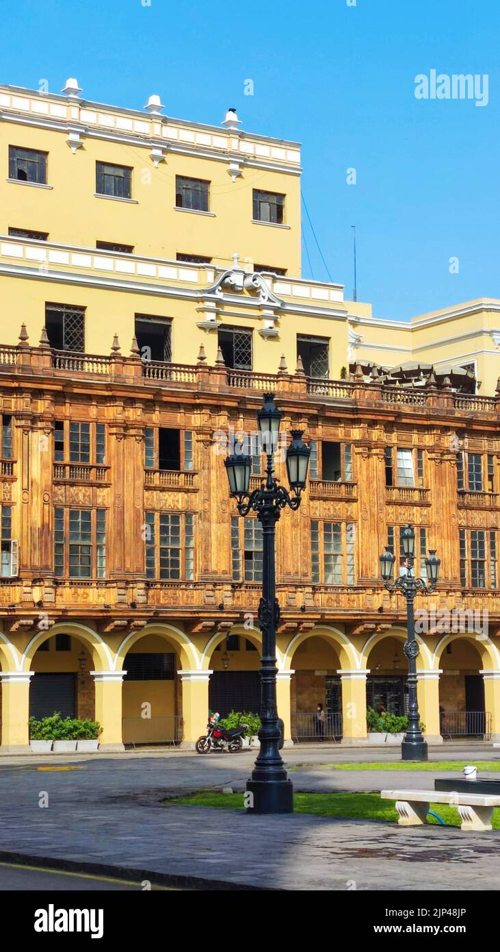 Lima Piazza principale balconi / Balcones en la Plaza Mayor de Lima Foto Stock