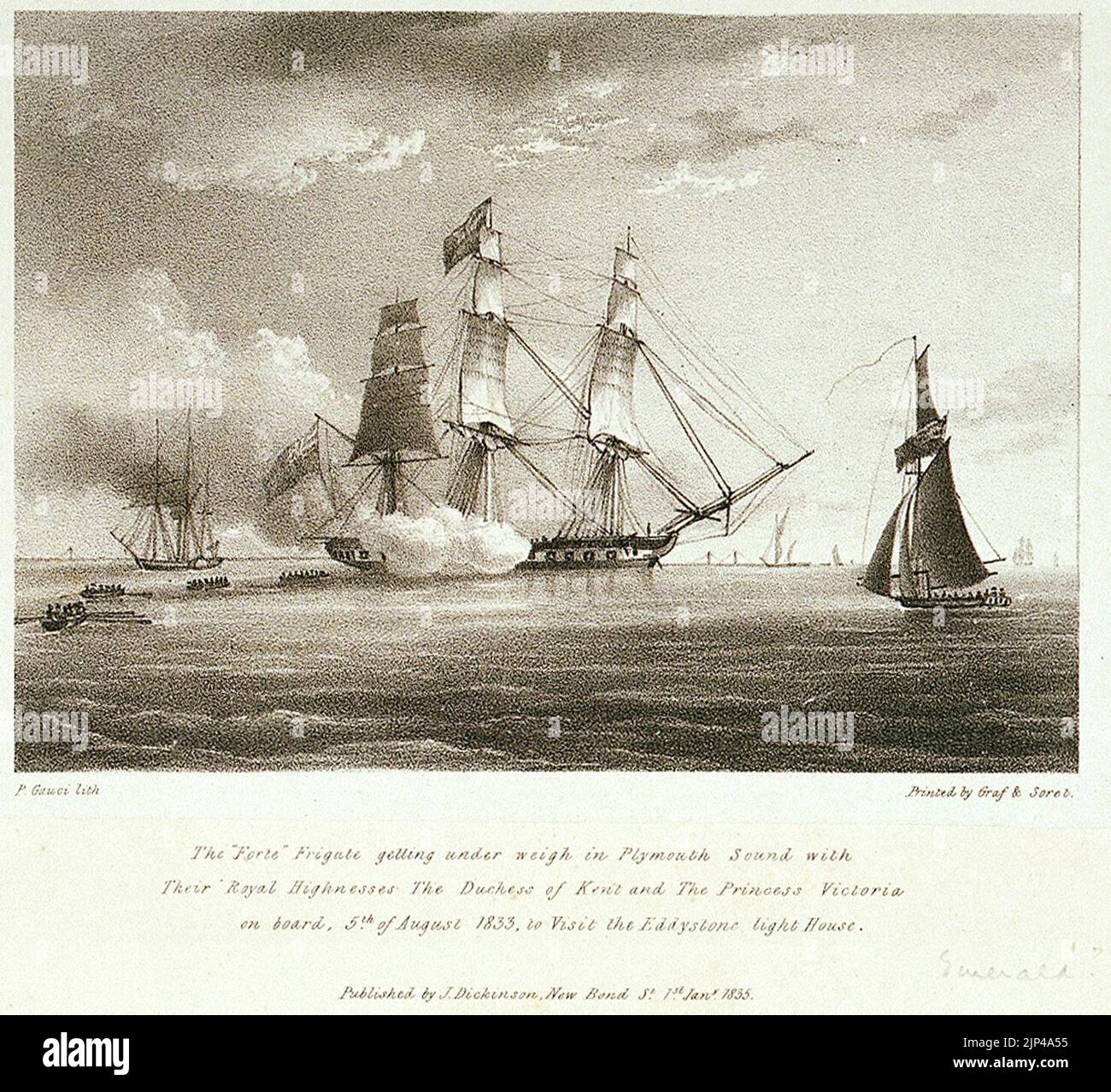 Il Forte Frigate che si trova sotto peso in Plymouth Sound con le loro altezze reali la duchessa del Kent e la principessa Victoria a bordo, 5th agosto 1833 per visitare la Eddystone Light House Foto Stock