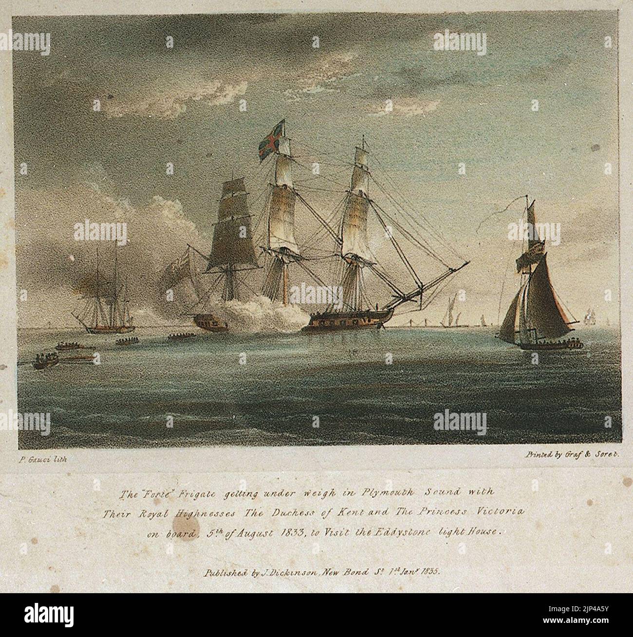 Il Forte Frigate che si trova sotto peso in Plymouth Sound con le loro altezze reali la duchessa del Kent e la principessa Victoria a bordo, 5th agosto 1833 per visitare la Eddystone Light House Foto Stock