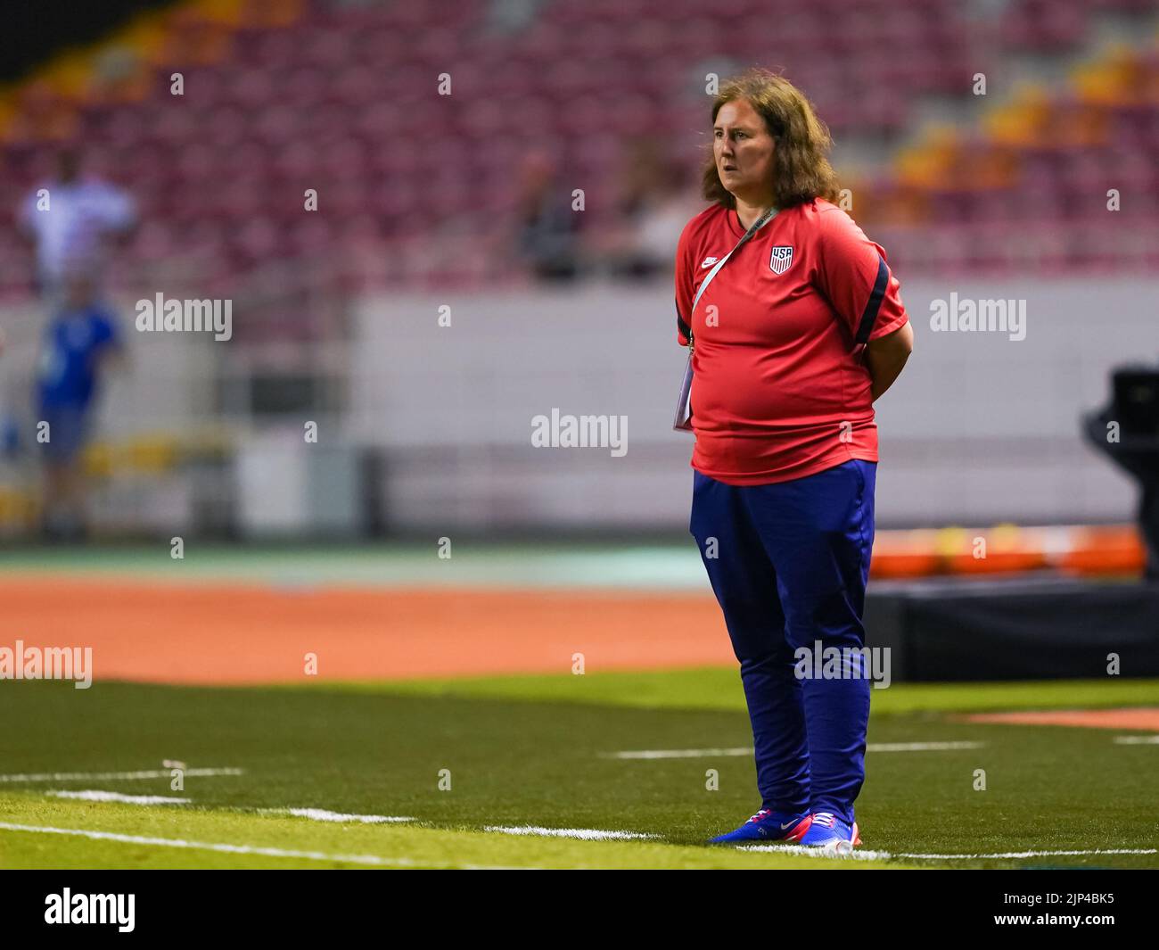 San Jose, Costa Rica. 14th ago, 2022. San Jose, Costa Rica, 14th 2022 agosto: Allenatore capo degli Stati Uniti Tracey Kevins durante la partita di calcio della Coppa del mondo di donne FIFA U20 Costa Rica 2022 tra Stati Uniti e Paesi Bassi all'Estadio Nacional di San Jose, Costa Rica. (Daniela Porcelli/SPP) Credit: SPP Sport Press Photo. /Alamy Live News Foto Stock