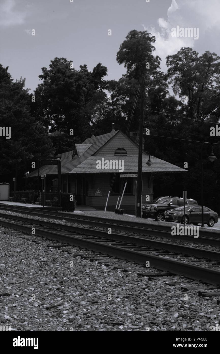 Un vongano, bianco e nero di una stazione ferroviaria. Foto Stock