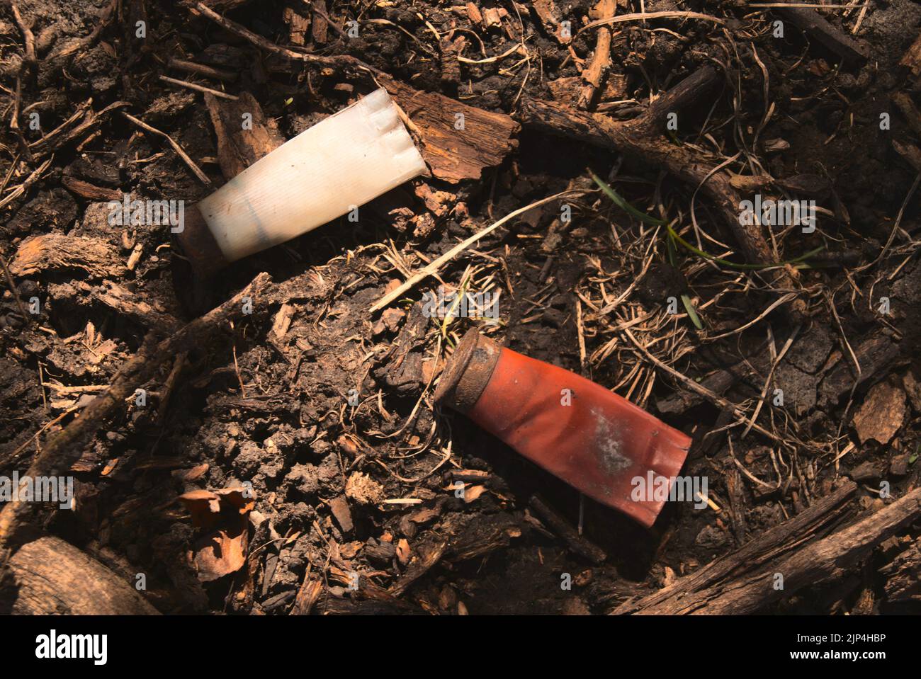 Un paio di vecchie conchiglie arrugginite sparse tra sporcizia e rami caduti sul terreno in una foresta Foto Stock