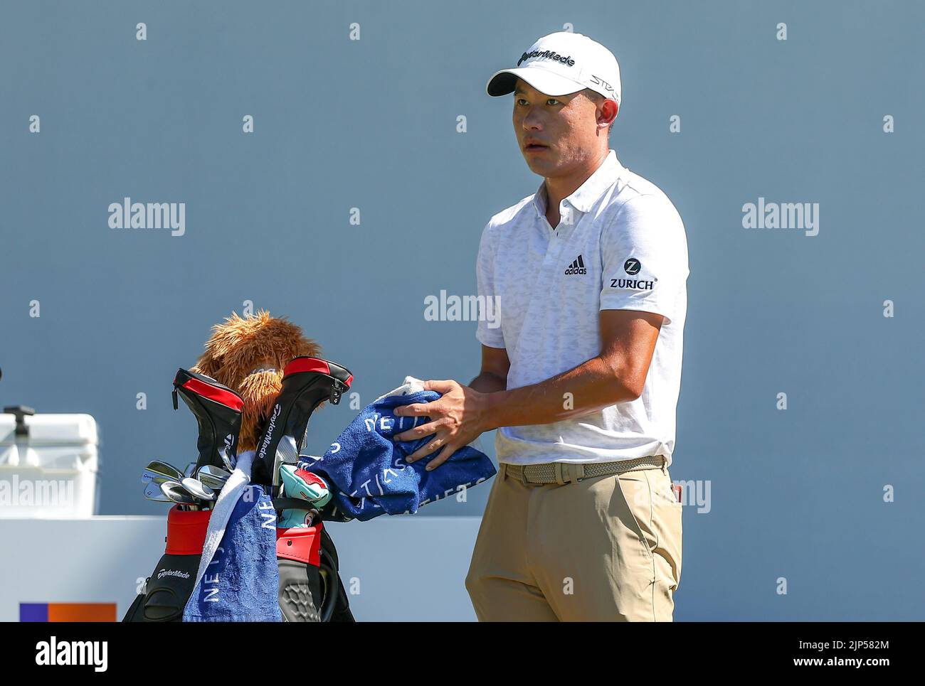 13 agosto 2022: Collin Morikawa sul primo tee durante il terzo round del torneo di golf FedEx St. Jude Championship al TPC Southwind di Memphis, TN. Terreno grigio Siegel/Cal Sport Foto Stock