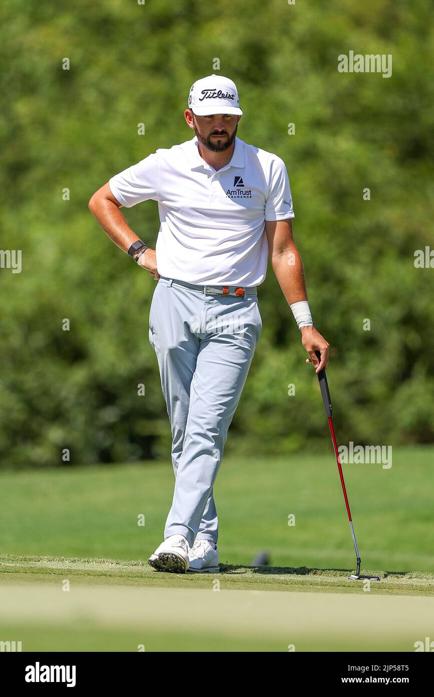 13 agosto 2022: Hayden Buckley durante il terzo round del torneo di golf FedEx St. Jude Championship al TPC Southwind di Memphis, Tennessee. Terreno grigio Siegel/Cal Sport Foto Stock