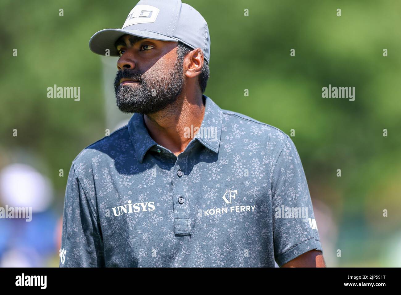 13 agosto 2022: Sahith Theegala durante il terzo round del torneo di golf FedEx St. Jude Championship al TPC Southwind di Memphis, Tennessee. Terreno grigio Siegel/Cal Sport Foto Stock